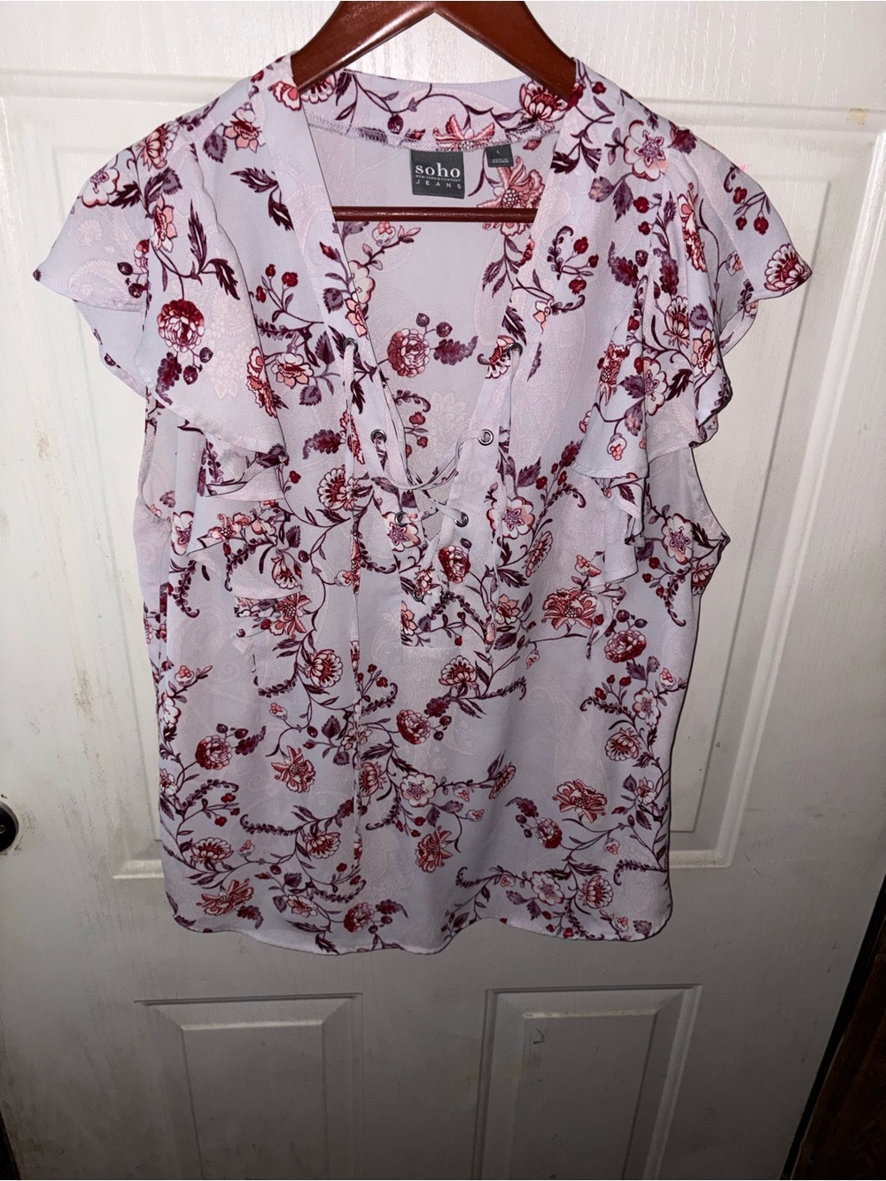 Soho Lavender Floral Ruffle Sleeve Blouse with Burgundy Print